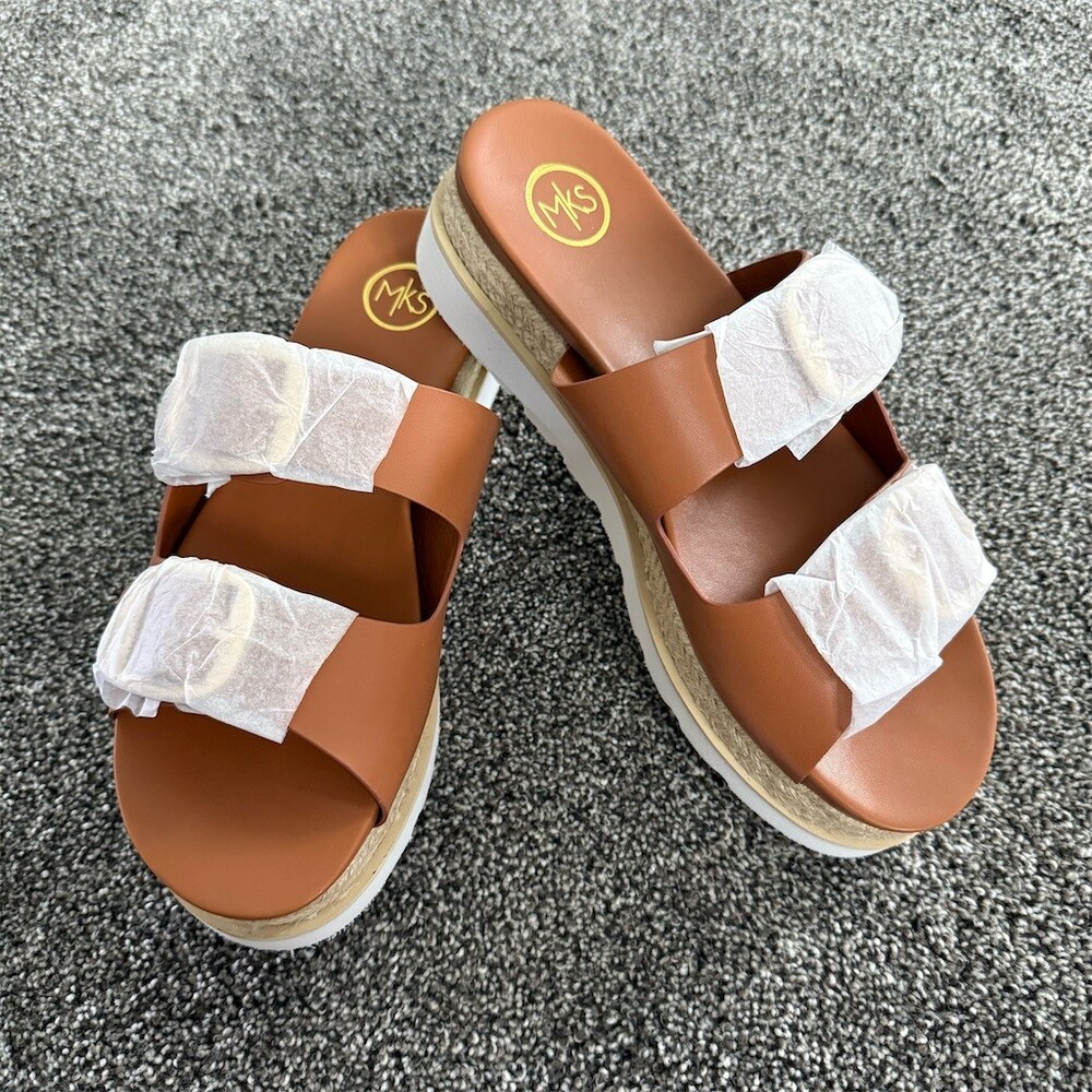 MKS Womens Slide Sandals Size 10 Brown Two Strap Buckle Flatform
